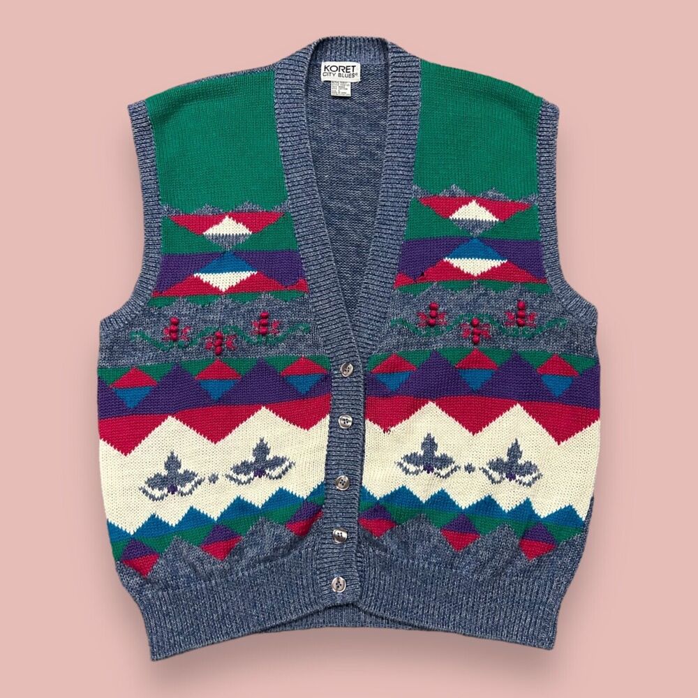 Vintage Sweater Vest 80s Cardigan Sweater Geometric Knit Womens Large